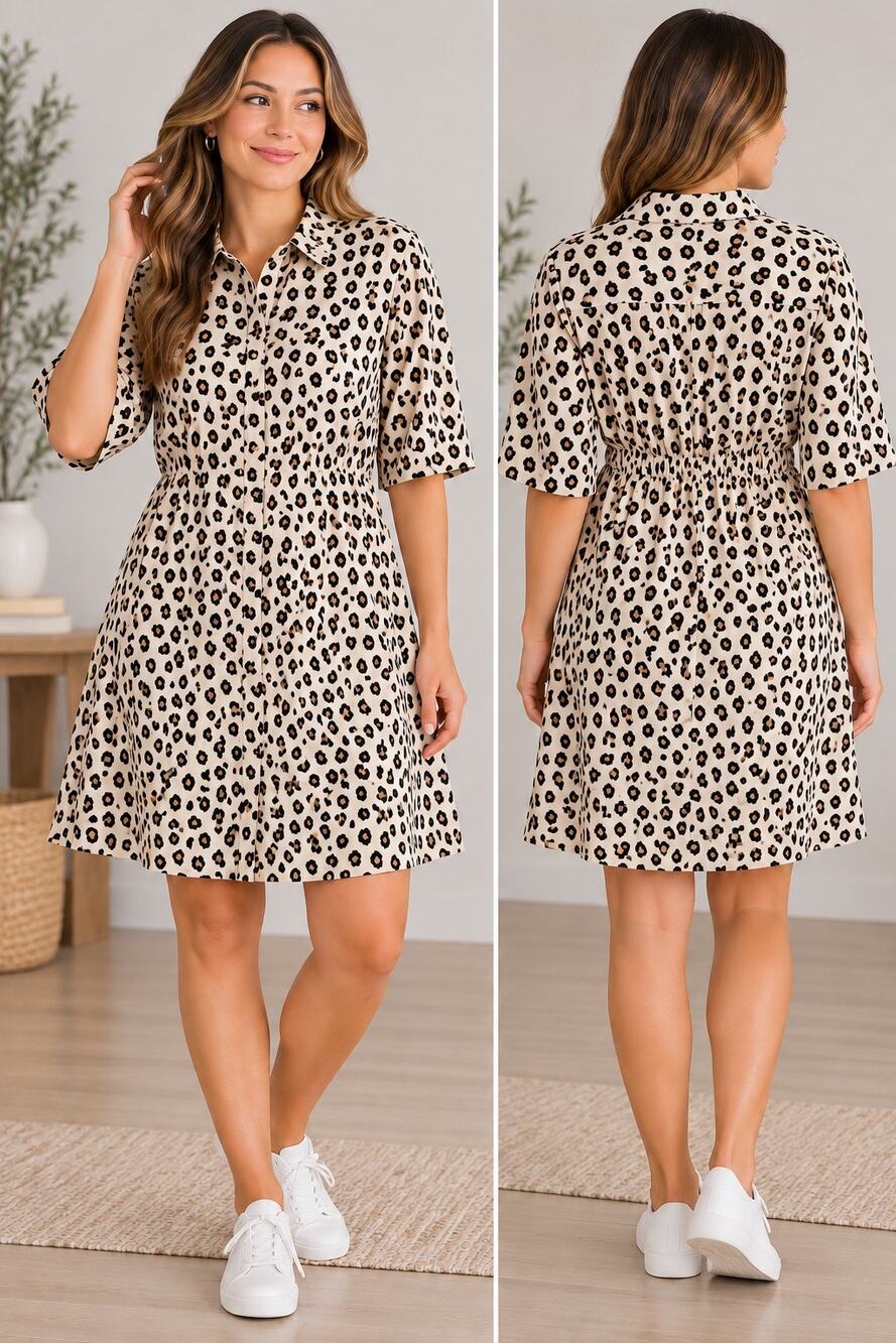 Chico's Size 3 XL Leopard Print Shirt Dress Pockets Button Front Animal